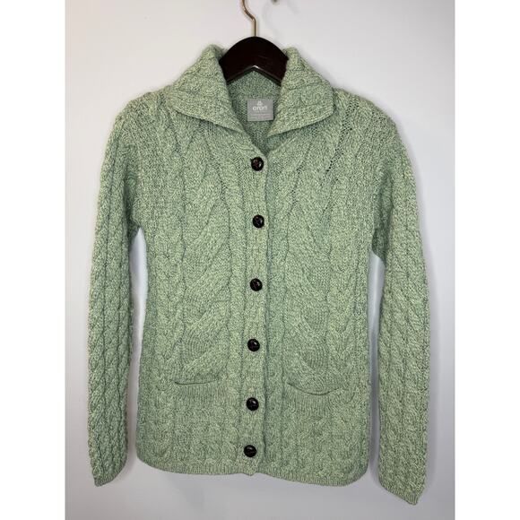 Aran Woolen Mills Super Soft Merino Wool Cable Knit Fishermen Cardigan Green S - Picture 9 of 10